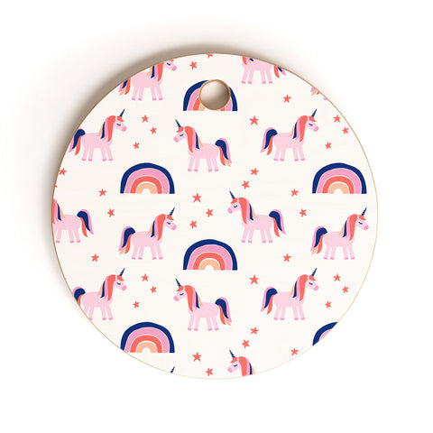 Little Arrow Design Co unicorn dreams in pink and blue Cutting Board Round