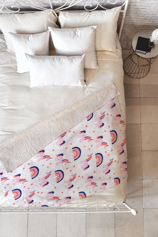 Little Arrow Design Co unicorn dreams in pink and blue Fleece Throw Blanket