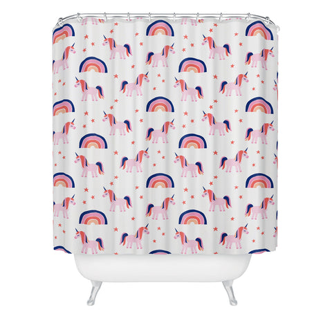 Little Arrow Design Co unicorn dreams in pink and blue Shower Curtain