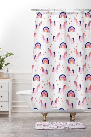Little Arrow Design Co unicorn dreams in pink and blue Shower Curtain And Mat