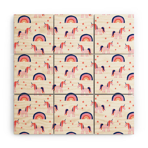 Little Arrow Design Co unicorn dreams in pink and blue Wood Wall Mural