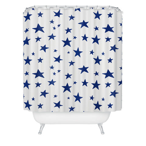 Little Arrow Design Co unicorn dreams stars in blue Shower Curtain