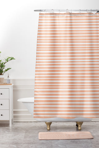 Little Arrow Design Co unicorn dreams stripes in peach Shower Curtain And Mat