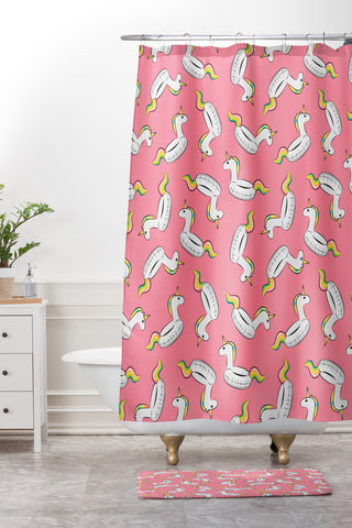 Little Arrow Design Co unicorn pool float on pink Shower Curtain And Mat