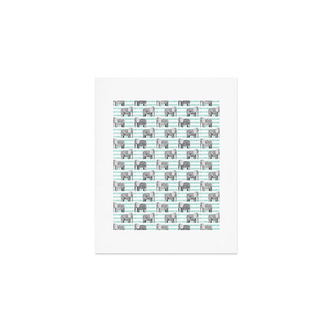 Little Arrow Design Co watercolor elephants on blue stripes Art Print
