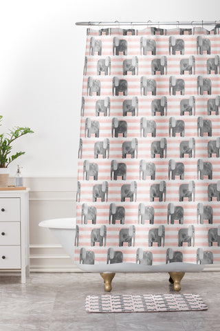 Little Arrow Design Co watercolor elephants on stripes Shower Curtain And Mat