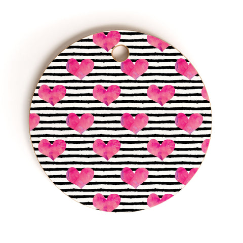 Little Arrow Design Co watercolor hearts on stripes Cutting Board Round