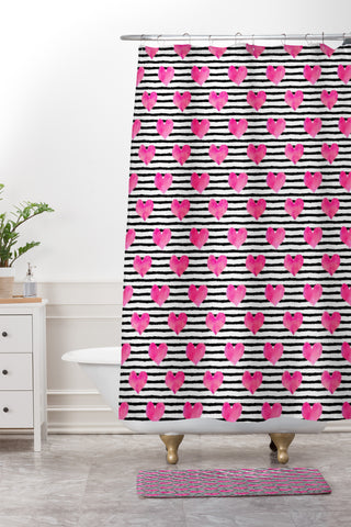 Little Arrow Design Co watercolor hearts on stripes Shower Curtain And Mat