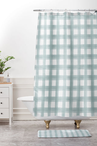 Little Arrow Design Co watercolor plaid dusty blue Shower Curtain And Mat