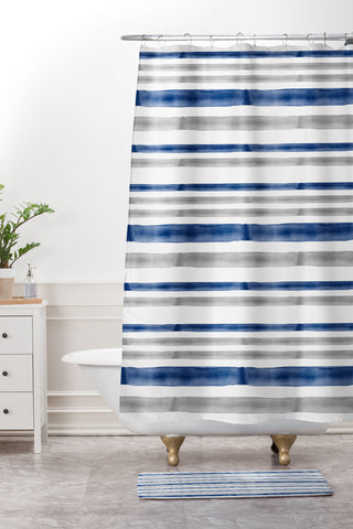 Little Arrow Design Co Watercolor Stripes Grey Blue Shower Curtain And Mat