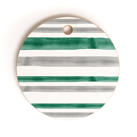 Little Arrow Design Co Watercolor Stripes Grey Green Cutting Board Round