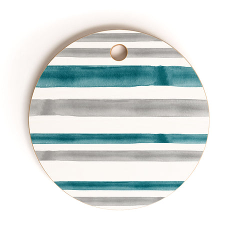 Little Arrow Design Co Watercolor Stripes Grey Teal Cutting Board Round