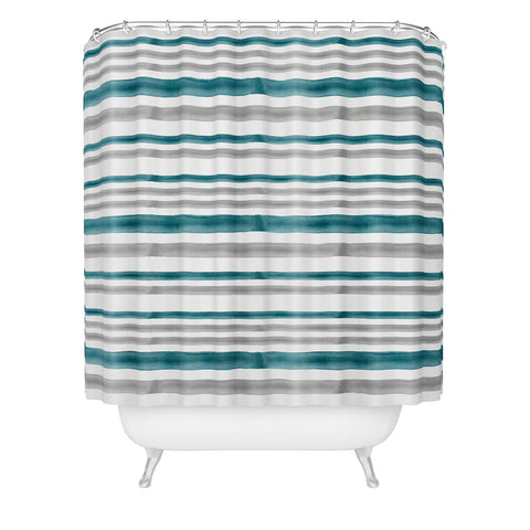 Little Arrow Design Co Watercolor Stripes Grey Teal Shower Curtain