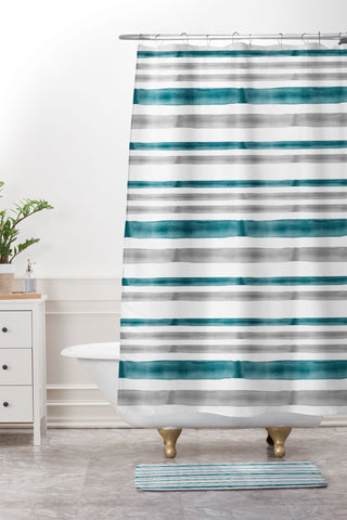 Little Arrow Design Co Watercolor Stripes Grey Teal Shower Curtain And Mat