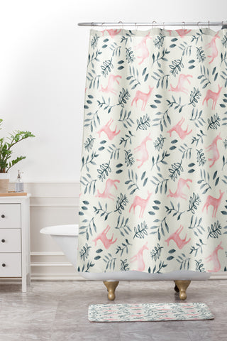 Little Arrow Design Co watercolor woodland in pink Shower Curtain And Mat