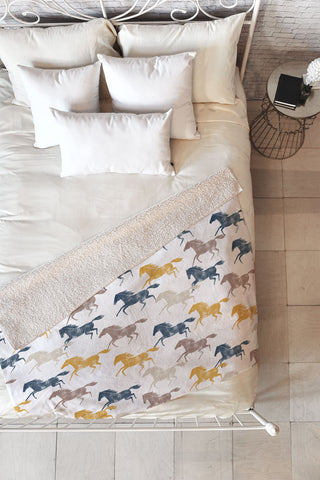 Little Arrow Design Co wild horses blue Fleece Throw Blanket