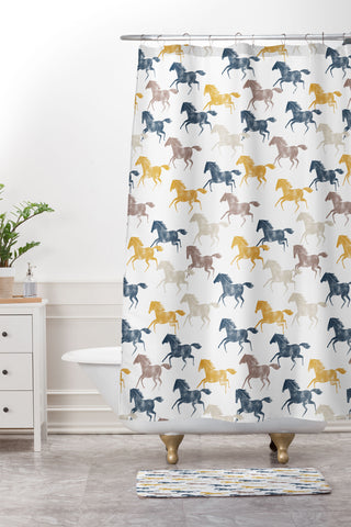 Little Arrow Design Co wild horses blue Shower Curtain And Mat