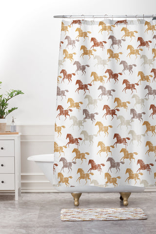 Little Arrow Design Co wild horses orange Shower Curtain And Mat