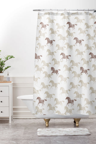Little Arrow Design Co wild horses tan Shower Curtain And Mat