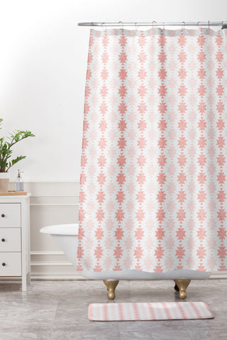 Little Arrow Design Co Woven Aztec in Coral Shower Curtain And Mat
