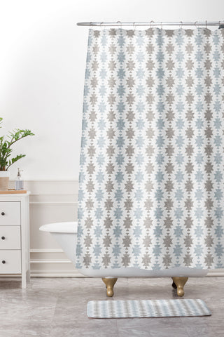 Little Arrow Design Co Woven Aztec in Muted Blue Shower Curtain And Mat