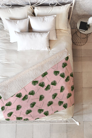 Little Arrow Design Co Woven Fan Palm Green on Pink Fleece Throw Blanket
