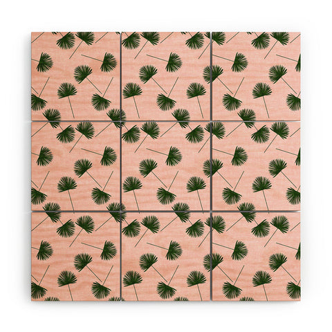 Little Arrow Design Co Woven Fan Palm Green on Pink Wood Wall Mural