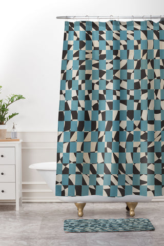 Little Dean Abstract checked blue and black Shower Curtain And Mat