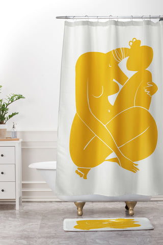 Little Dean Baby hug nude in yellow Shower Curtain And Mat