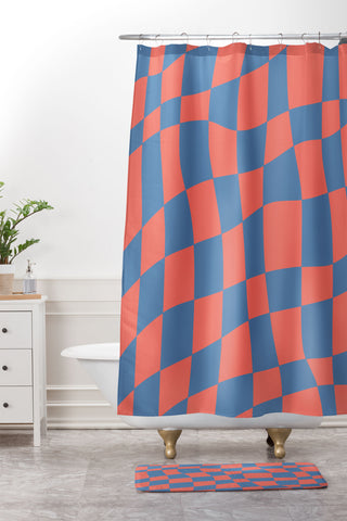 Little Dean Checkered pink and blue Shower Curtain And Mat