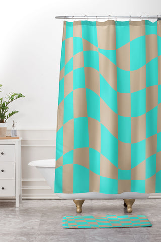 Little Dean Checkered turquoise and brown Shower Curtain And Mat