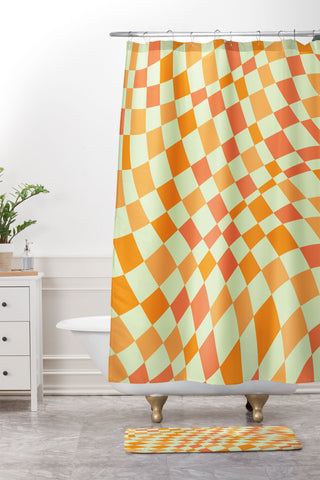Little Dean Green and orange checkers Shower Curtain And Mat