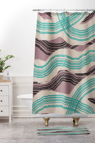 Little Dean Muted pink and green stripe Shower Curtain And Mat
