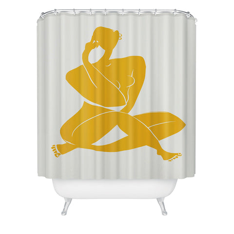 Little Dean Nude sitting in yellow Shower Curtain