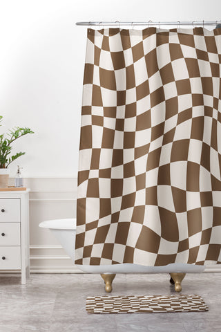 Little Dean Wavy brown checker Shower Curtain And Mat