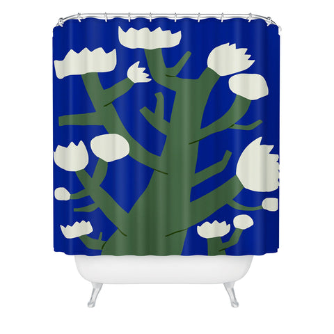 Little Dean White flower in blue Shower Curtain