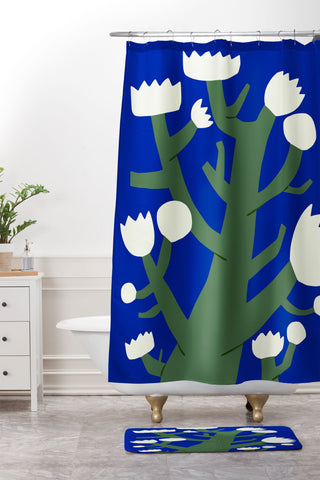 Little Dean White flower in blue Shower Curtain And Mat