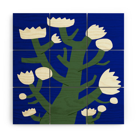 Little Dean White flower in blue Wood Wall Mural