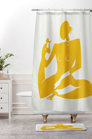 Little Dean Yoga nude in yellow Shower Curtain And Mat