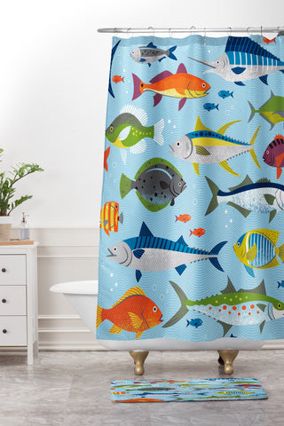 Lucie Rice Fish Frenzy Shower Curtain And Mat