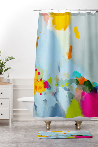 lunetricotee pink hill with sun ray Shower Curtain And Mat