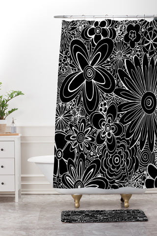 Madart Inc. All Over Flowers Black 1 Shower Curtain And Mat