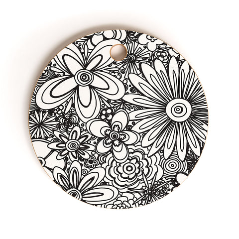 Madart Inc. All Over Flowers Black White Cutting Board Round