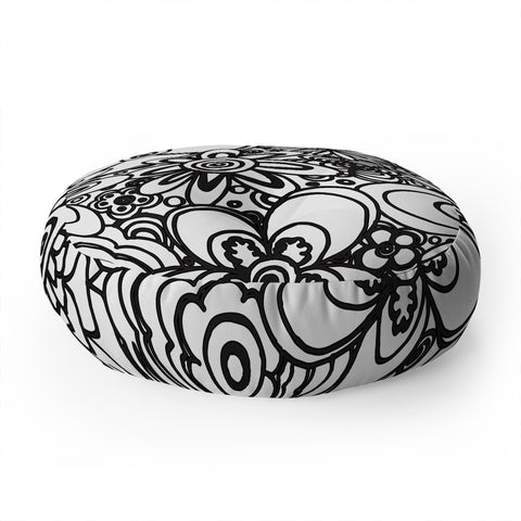 Madart Inc. All Over Flowers Black White Floor Pillow Round