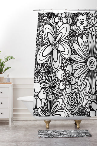 Madart Inc. All Over Flowers Black White Shower Curtain And Mat