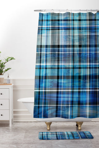 Madart Inc. Multi Blues Plaid Shower Curtain And Mat