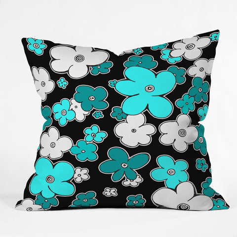 Madart Inc. Puffy Flower Turquoise Black Throw Pillow
