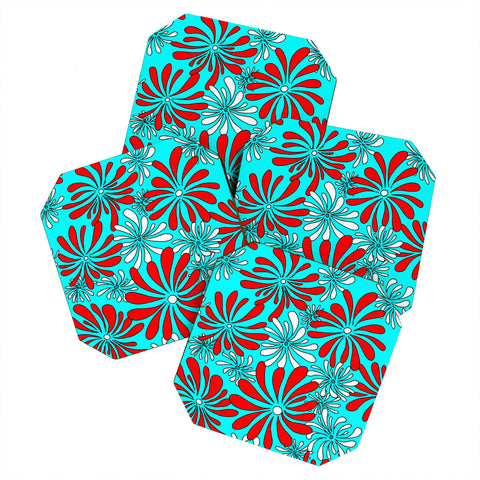 Madart Inc. Swirly Flower Aqua Red Coaster Set