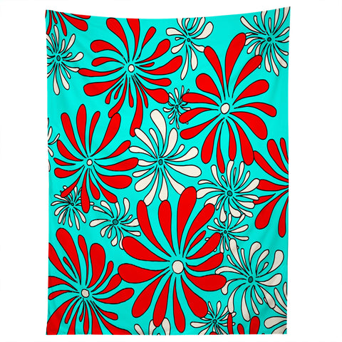 Madart Inc. Swirly Flower Aqua Red Tapestry