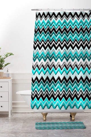 Madart Inc. Turquoise Black White Chevron Shower Curtain And Mat